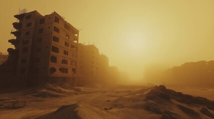 Abandoned buildings illuminated by a hazy sunset in a post-apocalyptic desert landscape