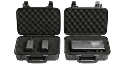 Two gray hard cases, open, holding audio equipment.  One case contains two small, dark gray units connected by a cable. The other case contains one larger, dark gray box