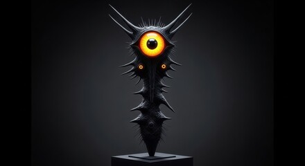 A dark, spiky creature with a single, glowing orange eye stands ominously