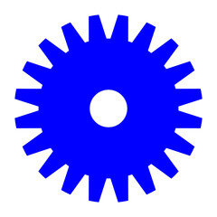 A solid blue gear icon with jagged teeth, symbolizing concepts of technology, business, and mechanical processes