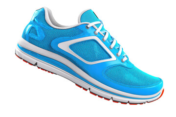 Blue running shoe, mesh fabric, white accents, red sole details, isolated