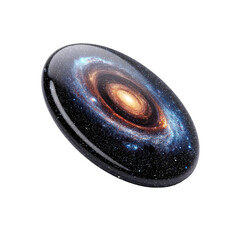 Galaxy encased in glassy, pill-shaped object, dark background