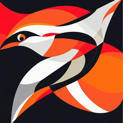 Abstract bird illustration with vibrant oranges and reds on black background