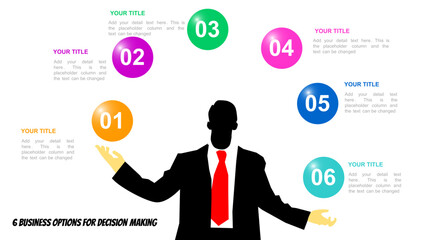 6 Options Infographic Diagram with Businessman Silhouette Juggling Colorful Circles. Creative Business Process, Workflow, and Decision-Making Presentation Template for PowerPoint and Google Slides