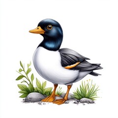 Naklejka premium Colorful Illustration of a Stylish Duck Standing on a Rock Surrounded by Plants