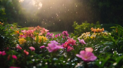 Obraz premium Vibrant rain-kissed garden blossoms in sunlit harmony