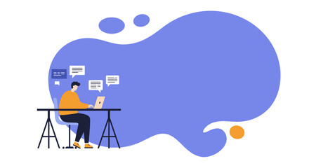 Person working on a laptop at a modern desk with chat bubbles, symbolizing online communication, remote work, or customer service. Ideal for business and technology concepts.