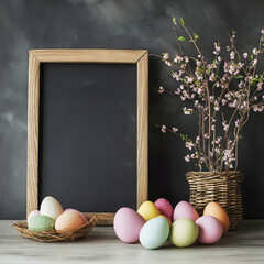 Decorative Easter eggs and floral arrangement with blank chalkboard in rustic setting