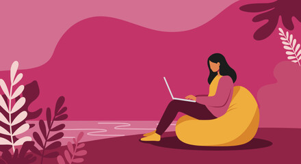 Woman relaxing on a bean bag chair, working on her laptop in a vibrant, nature-inspired abstract setting. Represents remote work, comfort, and productivity.