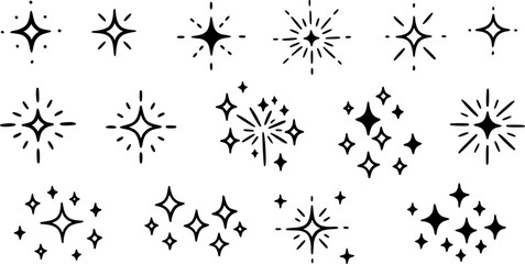 Hand drawn doodle sparkle and starburst icon set isolated on white background
