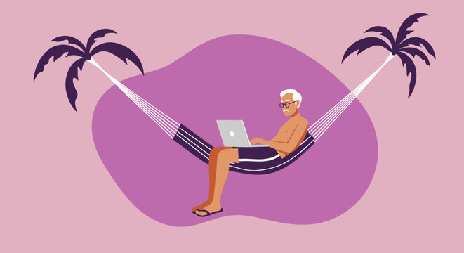 An older man works remotely on a laptop while relaxing in a hammock between palm trees. Ideal for themes of retirement, digital nomad, remote work, tropical vacation, or financial freedom.