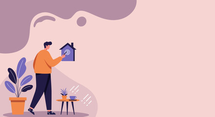 Modern man interacting with a smart home system icon, symbolizing innovative living and property goals. Ideal for technology, real estate, and lifestyle content.
