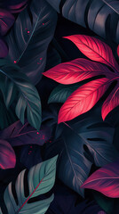 Vibrant tropical leaves with bold colors in a dark, moody setting