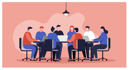 Diverse team collaborating in a modern office meeting, discussing projects with laptops. Perfect for business, teamwork, and innovation concepts.