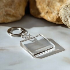 Elegant metallic keyring featuring a minimalistic design with natural light and stone
