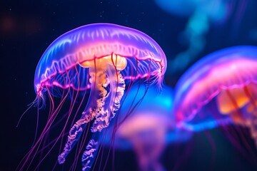 Glowing neon jellyfish drift serenely in deep ocean waters