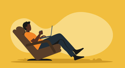 Young man working remotely on a laptop in a comfortable armchair, enjoying coffee. Perfect for themes of flexible work, freelance, or modern lifestyle.