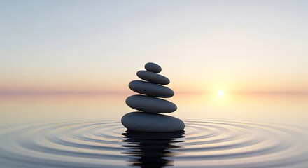 A serene stack of stones rests peacefully on water, reflecting a tranquil sunset.