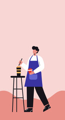 Modern illustration of a male barista preparing a custom drink or dessert with fresh toppings. Perfect for food service, catering, and culinary creativity concepts.