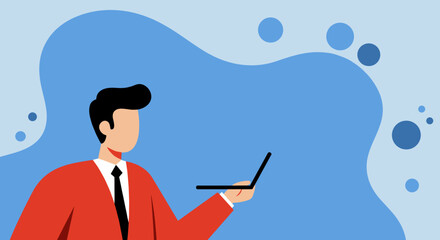 Professional man in a red jacket uses a laptop on an abstract blue background, representing modern business communication, digital work, and technology. Ideal for remote work concepts.