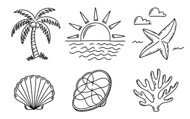 Line art of a tropical beach scene with palm tree, sun, starfish, shell, and coral isolated on white background