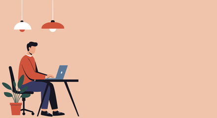 Young man working remotely on his laptop at a minimalist home office desk. Ideal for concepts of productivity, freelance, or distance learning.