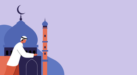 A Muslim man praying in front of a mosque with a crescent moon, symbolizing spiritual devotion and peace. Ideal for religious holidays like Ramadan and Eid, or cultural themes.