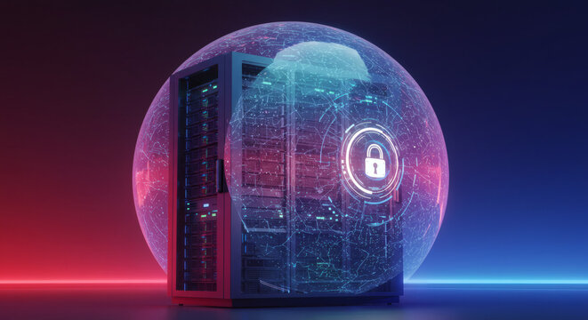 Advanced cybersecurity concept featuring a server rack enclosed in a protective digital sphere, symbolizing data safety and network security