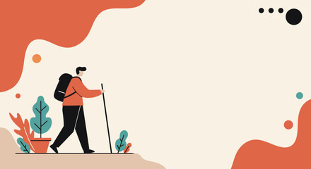 Minimalist illustration of a person hiking with a backpack and walking stick in an abstract outdoor setting, ideal for travel, adventure, and healthy lifestyle themes.