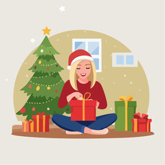 Beautiful excited isolated blonde girl opening Christmas present