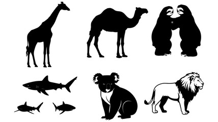 Fototapeta premium Stunning animal silhouettes of giraffe, camel, sloths, shark, koala, and lion in bold black