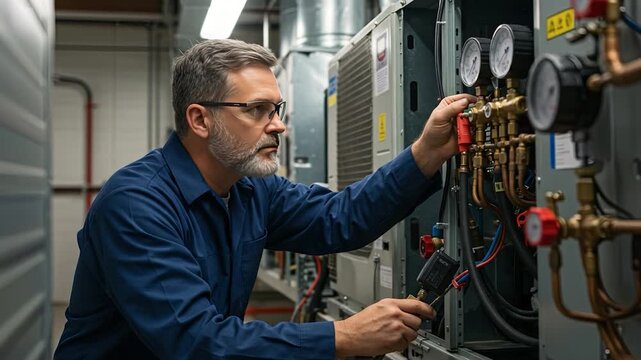 A focused technician inspects and maintains a complex HVAC system.