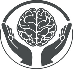 Vector art of hands holding a brain in a circle, symbolizing mental health