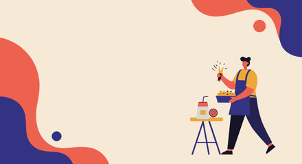 Creative person in an apron preparing a fresh, healthy meal with vibrant ingredients. Ideal for culinary blogs, healthy lifestyle, or food-related concepts.