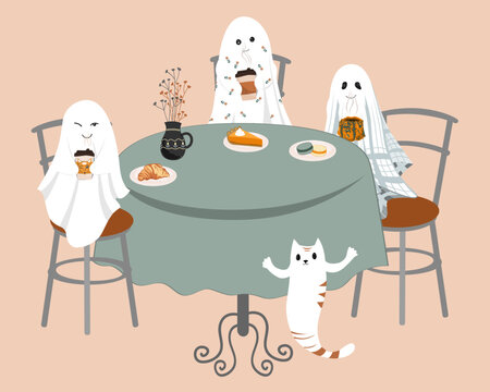 Halloween ghosts meeting vector illustration. Cute sheet ghosts sitting at the table and drinking tea with pumpkin pie. Halloween celebration scene for cards