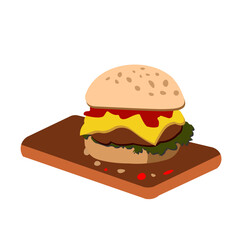 Delicious gourmet burger on wooden board, perfect for restaurant menus, food blogs, and advertising