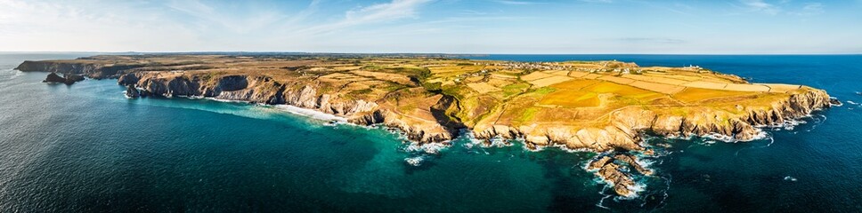Lizard Peninsula cliffs from a drone, South West Coast Path, Lizard, Cornwall, England