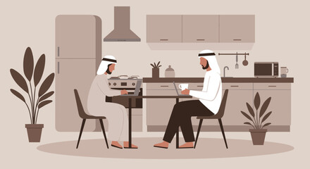 Two Arab men work on laptops in a modern kitchen, illustrating remote work, business productivity, and contemporary home lifestyle.