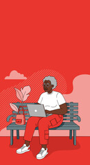 An elderly Black woman works on her laptop on a park bench, embracing technology outdoors. Represents remote work, education, or digital lifestyle for seniors.