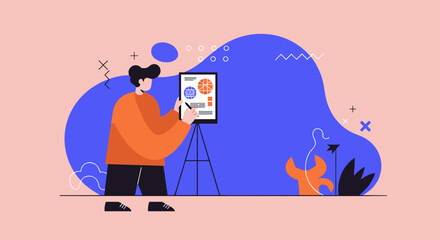 Professional creating a business presentation or design, showcasing data analysis and strategic planning. Ideal for corporate, marketing, and creative projects.