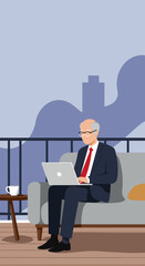 Senior businessman working on laptop from a comfortable balcony with a city view. Represents remote work, modern lifestyle, and active retirement.