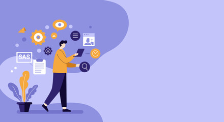 Professional analyzing data and managing digital processes. Concepts of business intelligence, strategic planning, project management, and efficient technology for growth.