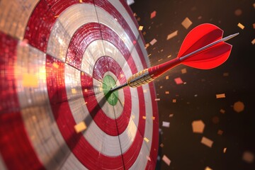 Red Dart Striking Bullseye:  Achieving Success, Target Marketing, Business Goal, Winning Strategy, Celebratory Confetti.