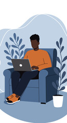 Young Black man working remotely on laptop from a comfortable armchair at home. Ideal for concepts of freelance work, online education, or modern lifestyle.