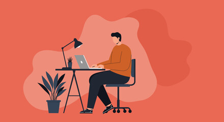 Professional man diligently working on his laptop at a modern home office desk. Ideal for remote work, online learning, or freelance business concepts.