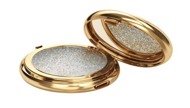 Open compact with shimmering powder, gold case, mirror
