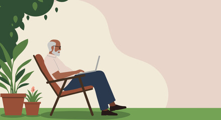 Senior man relaxes in a garden chair, using a laptop. Depicts modern retirement, remote work, and digital lifestyle.