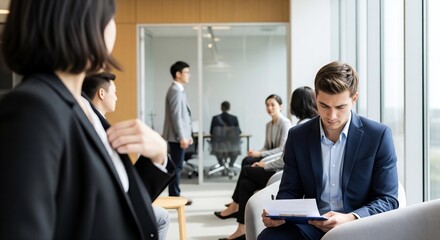 Intense Concentration: A Multicultural Group of Professionals Focused on Preparation in an Airy Office.