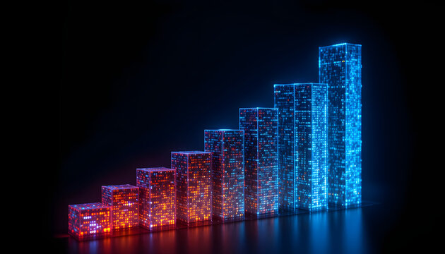 Dynamic glowing bar chart representing financial growth and digital data progress, perfect for business insights.