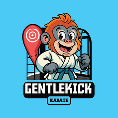 Cartoon orangutan wearing a blue belt karate uniform, confidently posing in a ready-to-fight martial arts stance	